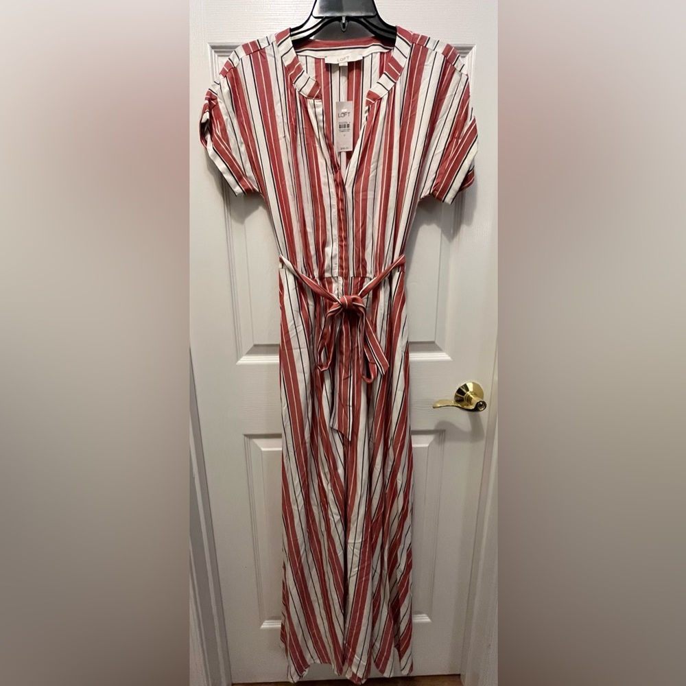 NWT LOFT Striped White Red Button-Down with Pockets Maxi Dress Size 0 - Picture 9 of 16